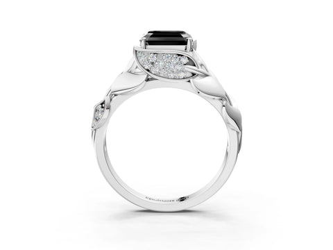 White gold Fancy Black Asscher Cut Solitaire Leaf-Inspired Engagement Ring with Prong Setting_3