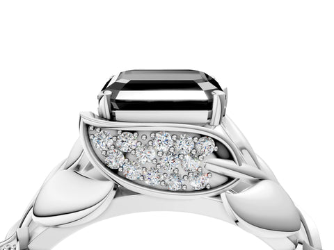 White gold Fancy Black Asscher Cut Solitaire Leaf-Inspired Engagement Ring with Prong Setting_4