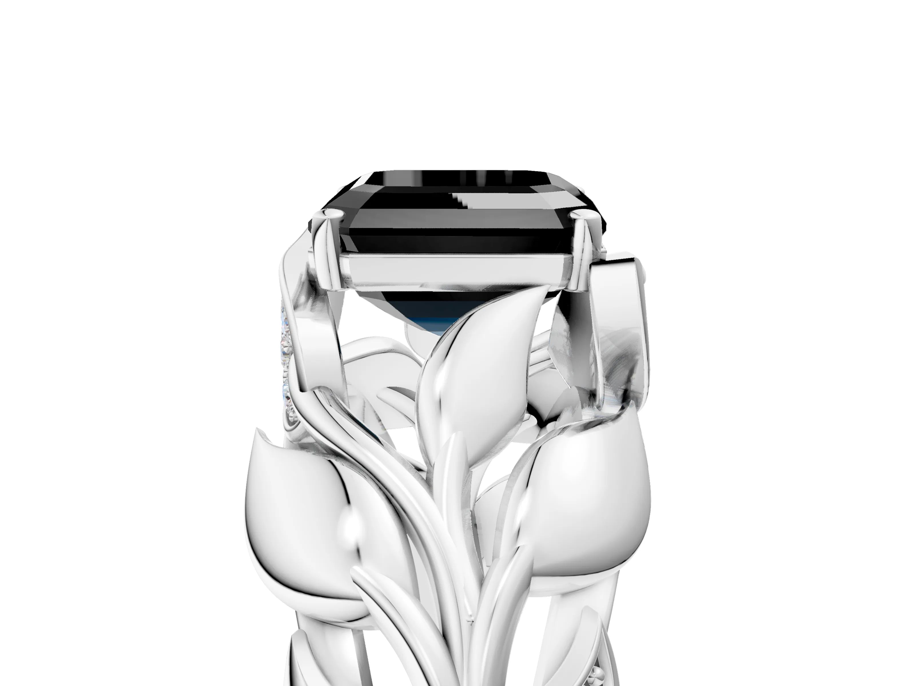 White gold Fancy Black Asscher Cut Solitaire Leaf-Inspired Engagement Ring with Prong Setting_5