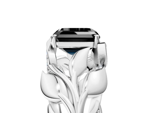White gold Fancy Black Asscher Cut Solitaire Leaf-Inspired Engagement Ring with Prong Setting_5