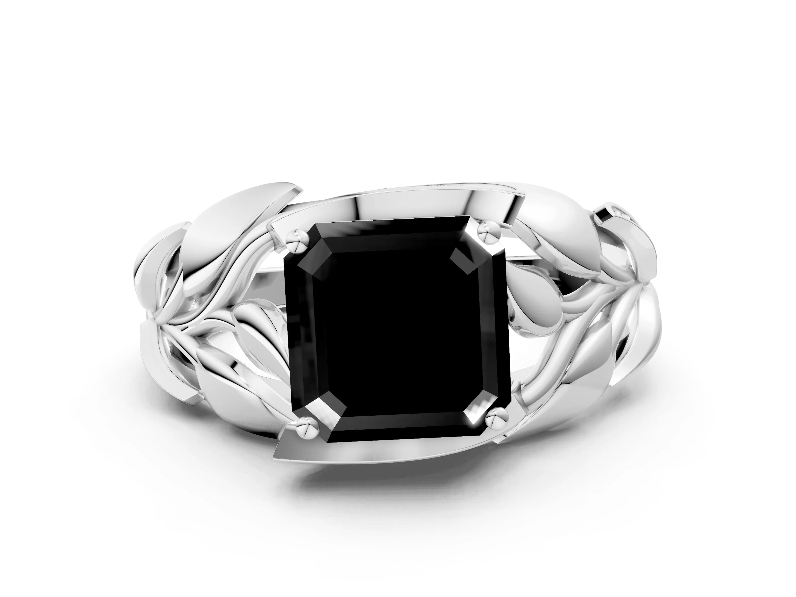 White gold Fancy Black Asscher Cut Solitaire Leaf-Inspired Engagement Ring with Prong Setting