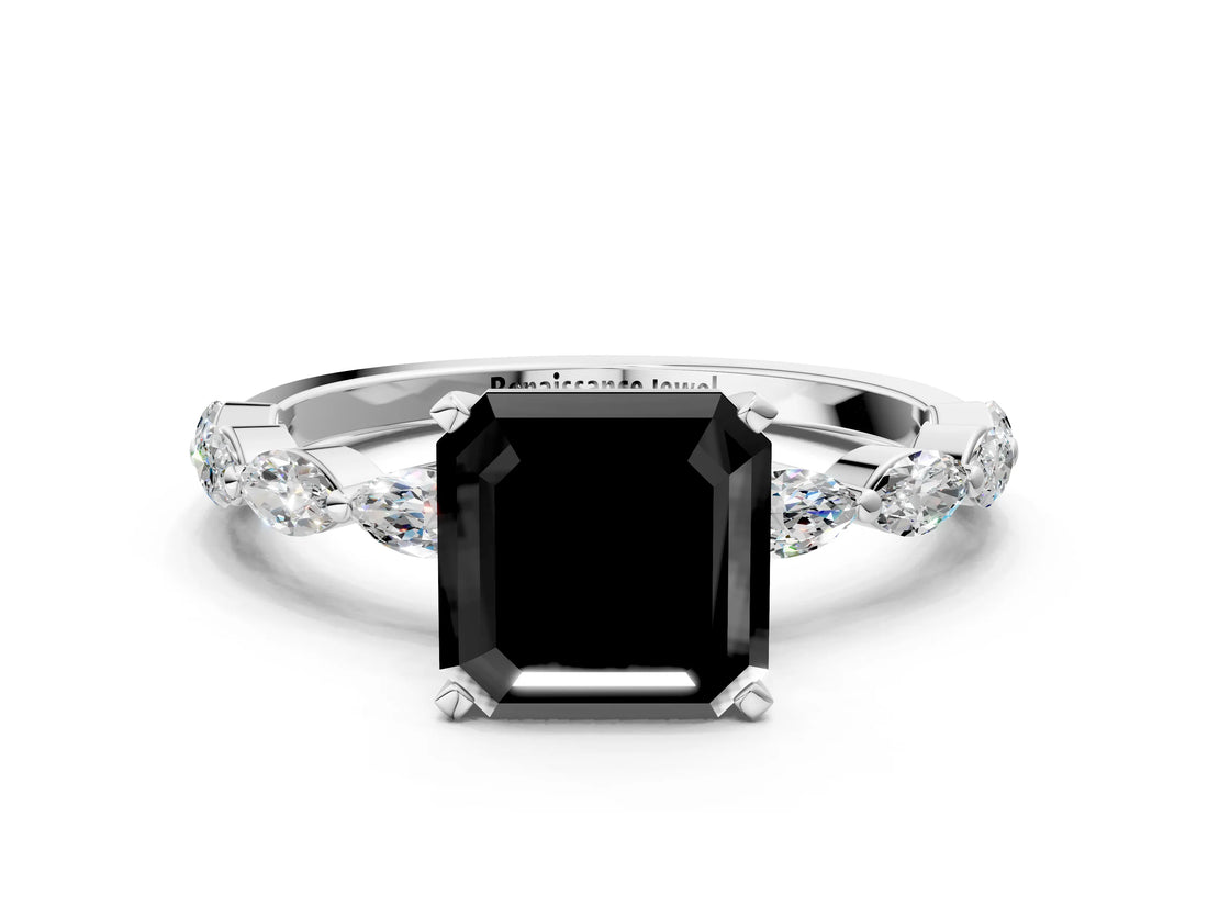 White gold Fancy Black Asscher Cut Solitaire Marquise Side Stone Prong Setting Ring