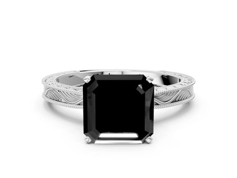 White gold Fancy Black Asscher Cut Solitaire Milgrain Engraved Band with Four-Prong Setting_12