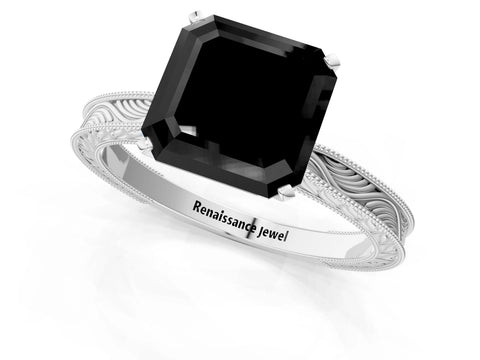 White gold Fancy Black Asscher Cut Solitaire Milgrain Engraved Band with Four-Prong Setting_13