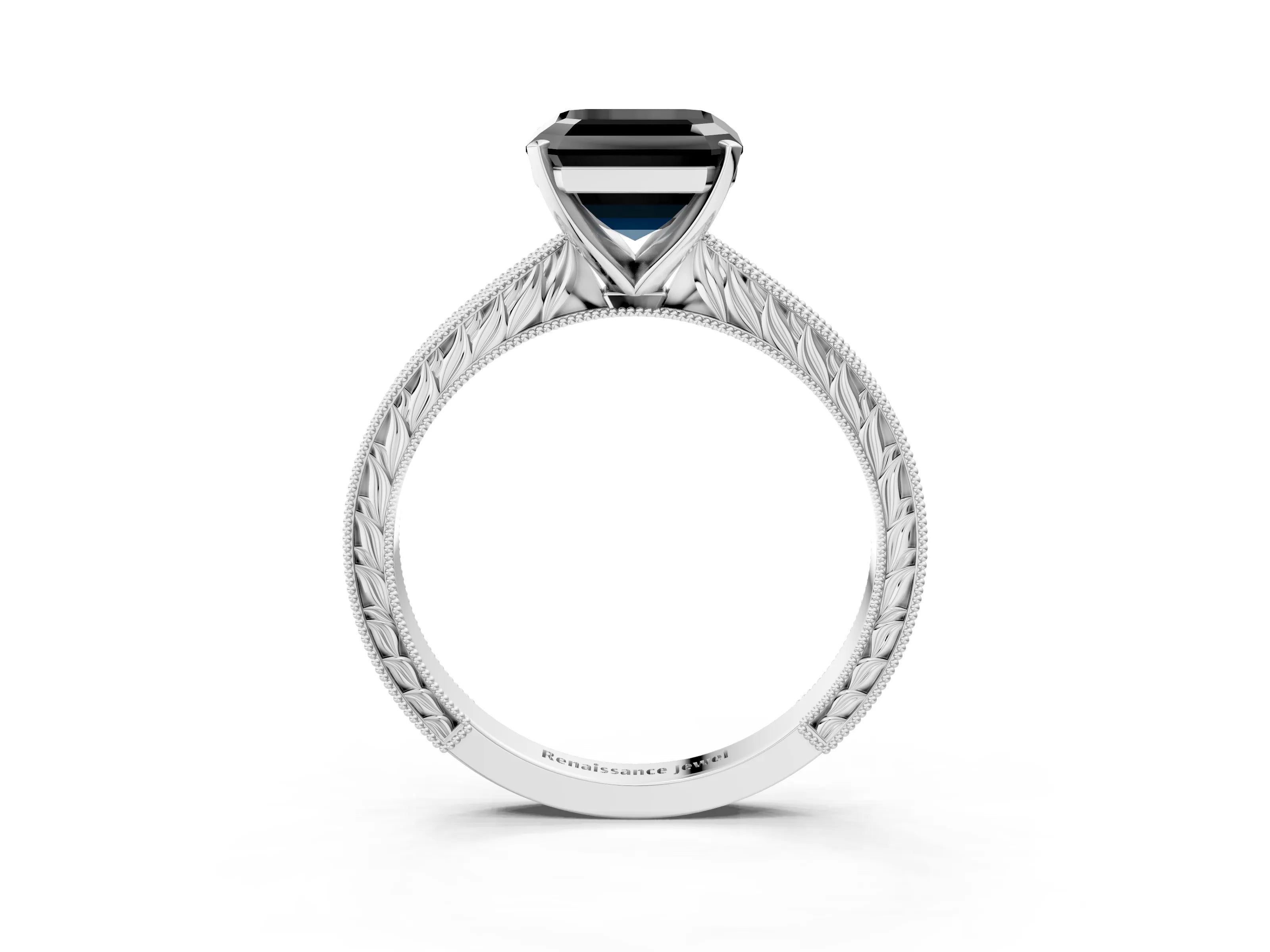 White gold Fancy Black Asscher Cut Solitaire Milgrain Engraved Band with Four-Prong Setting_15