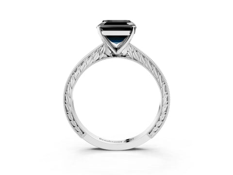 White gold Fancy Black Asscher Cut Solitaire Milgrain Engraved Band with Four-Prong Setting_15