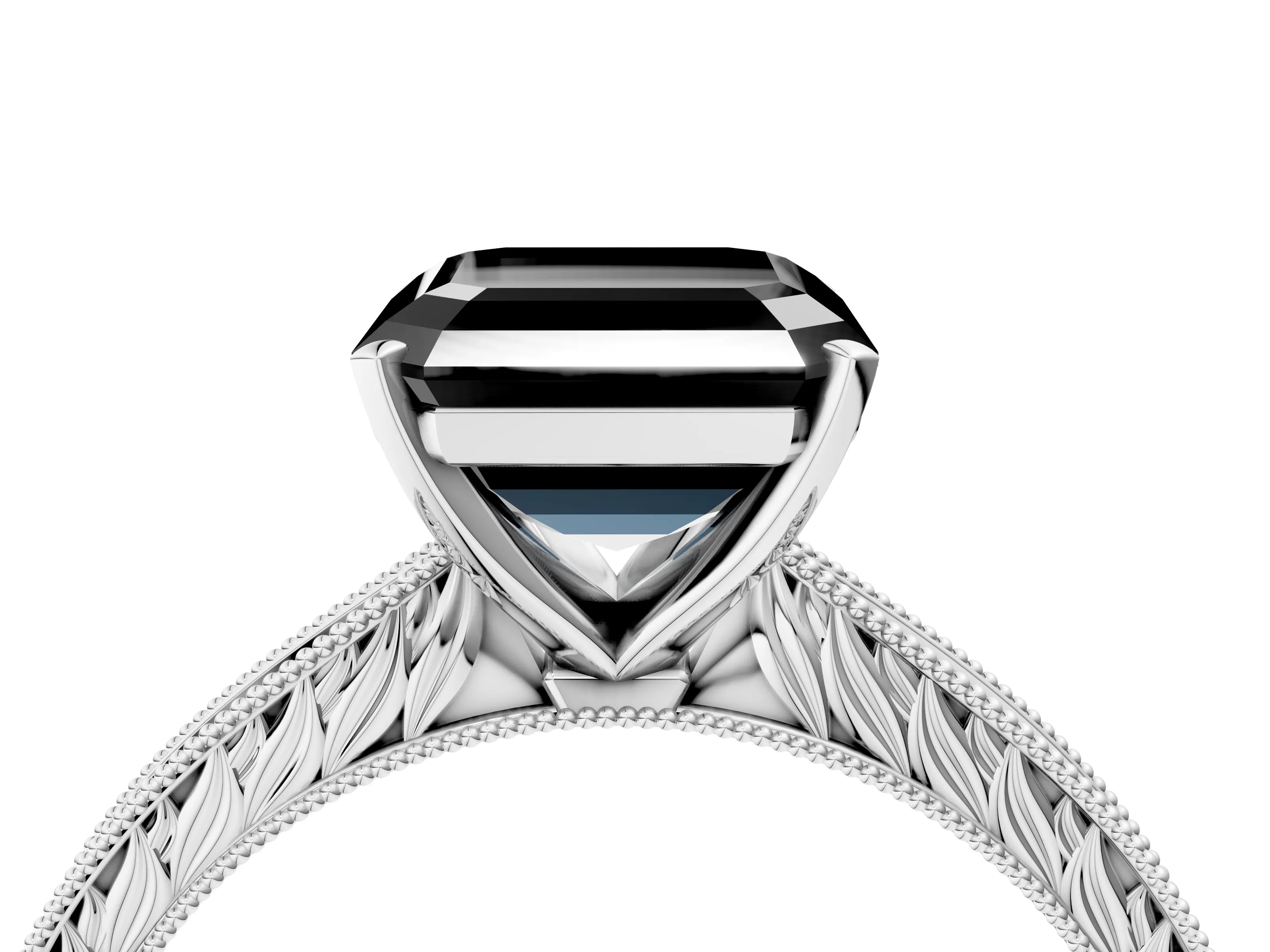 White gold Fancy Black Asscher Cut Solitaire Milgrain Engraved Band with Four-Prong Setting_16