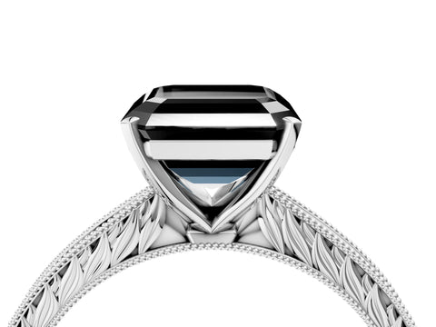 White gold Fancy Black Asscher Cut Solitaire Milgrain Engraved Band with Four-Prong Setting_16