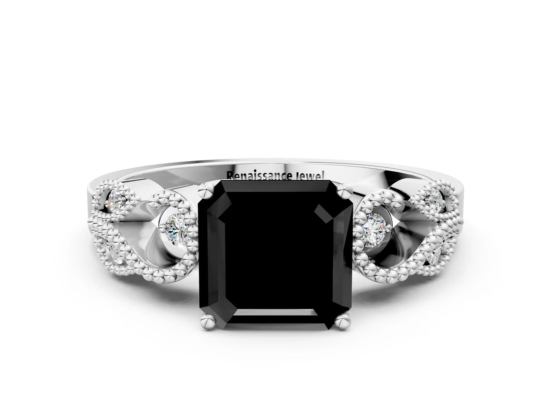 White gold Fancy Black Asscher Cut Solitaire Milgrain Leaf Band with Prong Setting_12