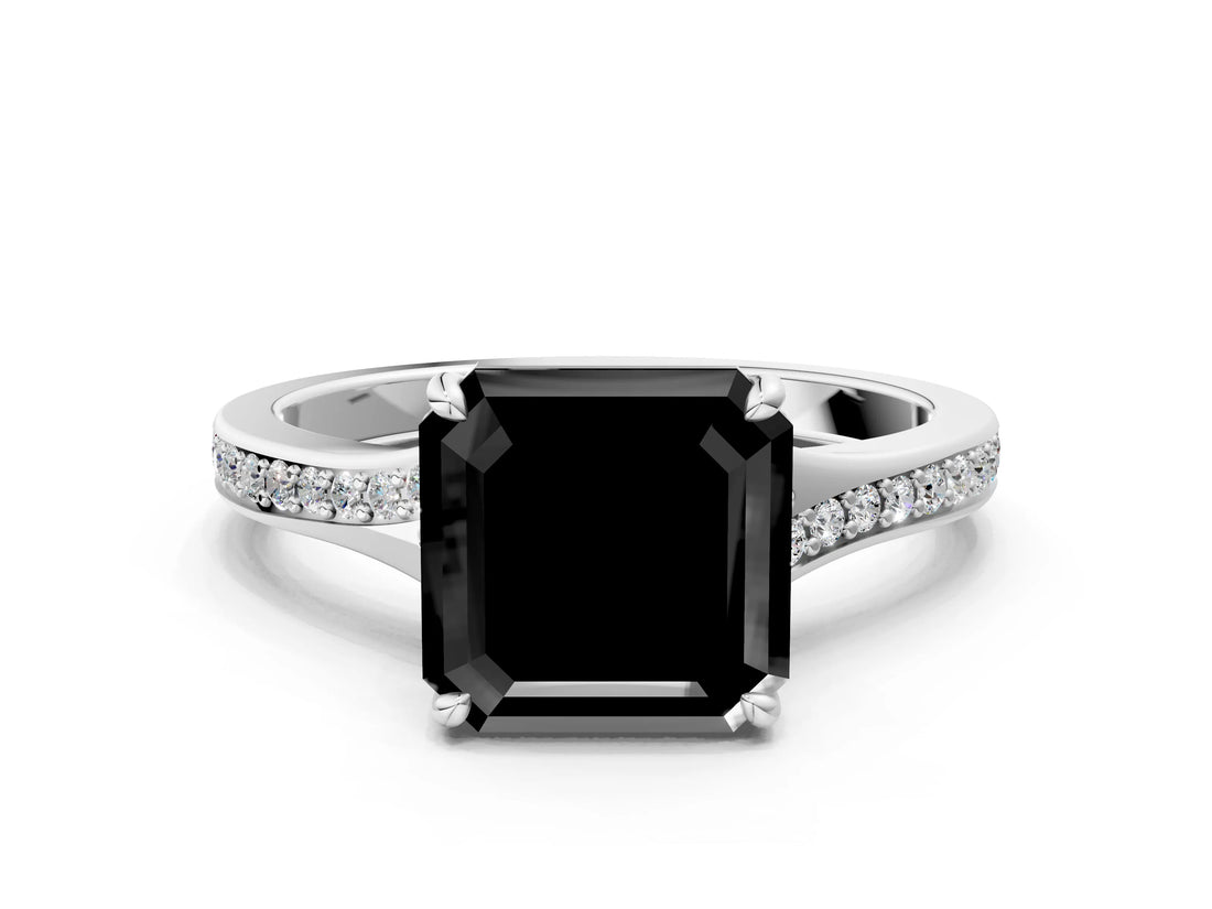 White gold Fancy Black Asscher Cut Solitaire Pavé Band with Four-Prong Setting