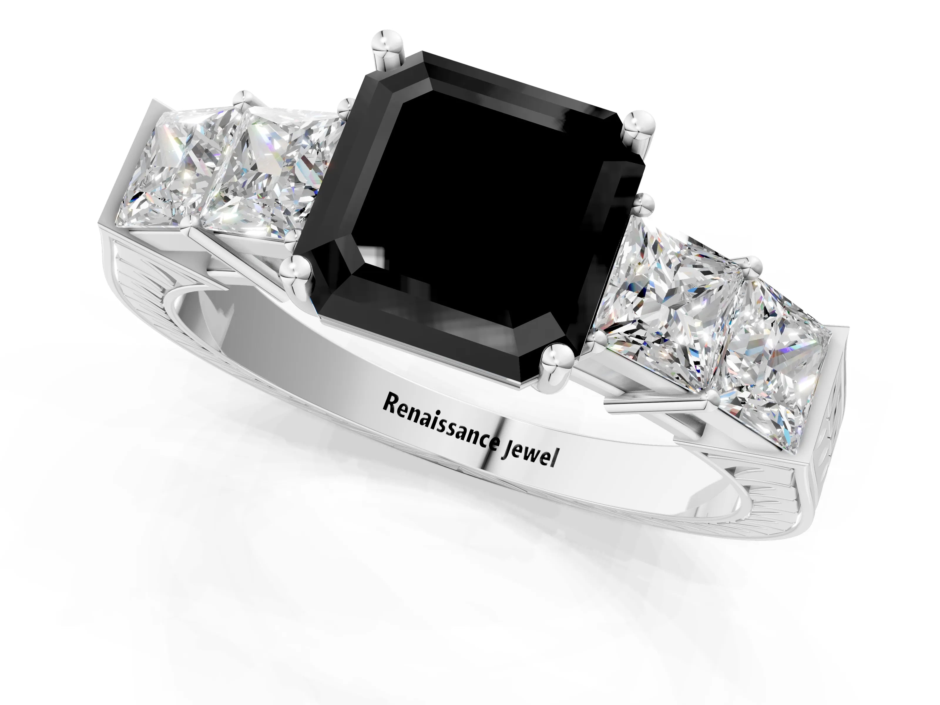 White gold Fancy Black Asscher Cut Solitaire Princess Side Stone Engraved Band Prong Setting Ring_1