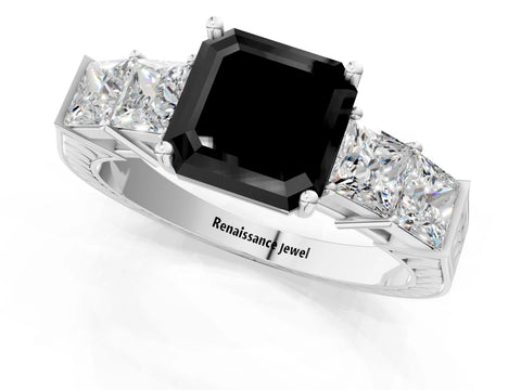 White gold Fancy Black Asscher Cut Solitaire Princess Side Stone Engraved Band Prong Setting Ring_1