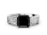 White gold Fancy Black Asscher Cut Solitaire Princess Side Stone Engraved Band Prong Setting Ring_36