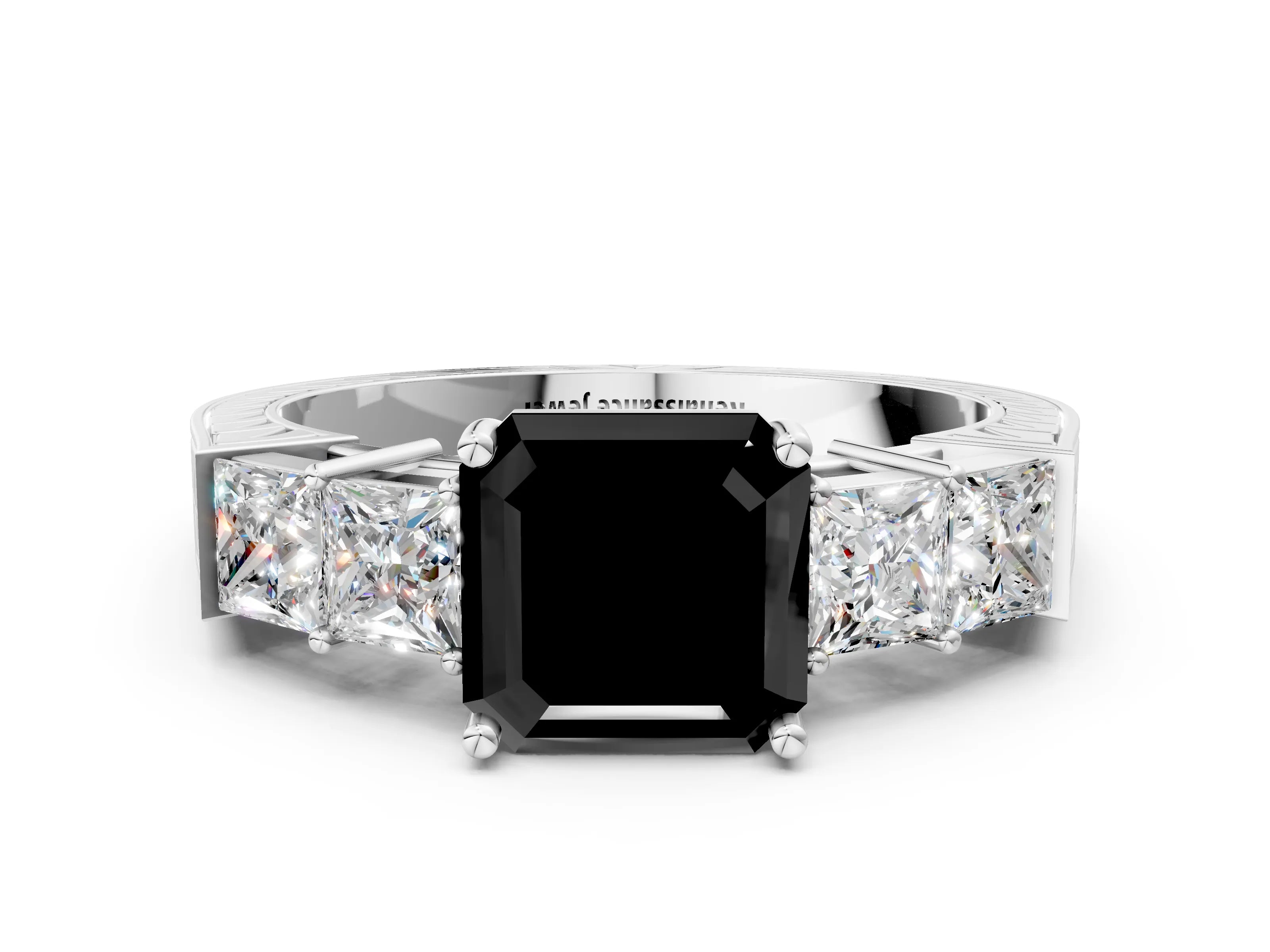 White gold Fancy Black Asscher Cut Solitaire Princess Side Stone Engraved Band Prong Setting Ring_36