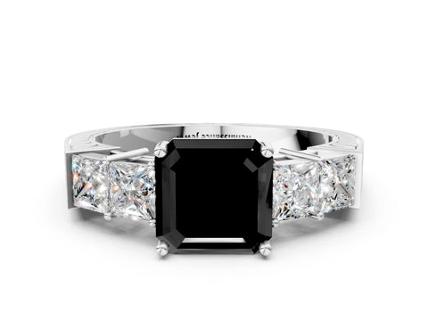 White gold Fancy Black Asscher Cut Solitaire Princess Side Stone Engraved Band Prong Setting Ring_36