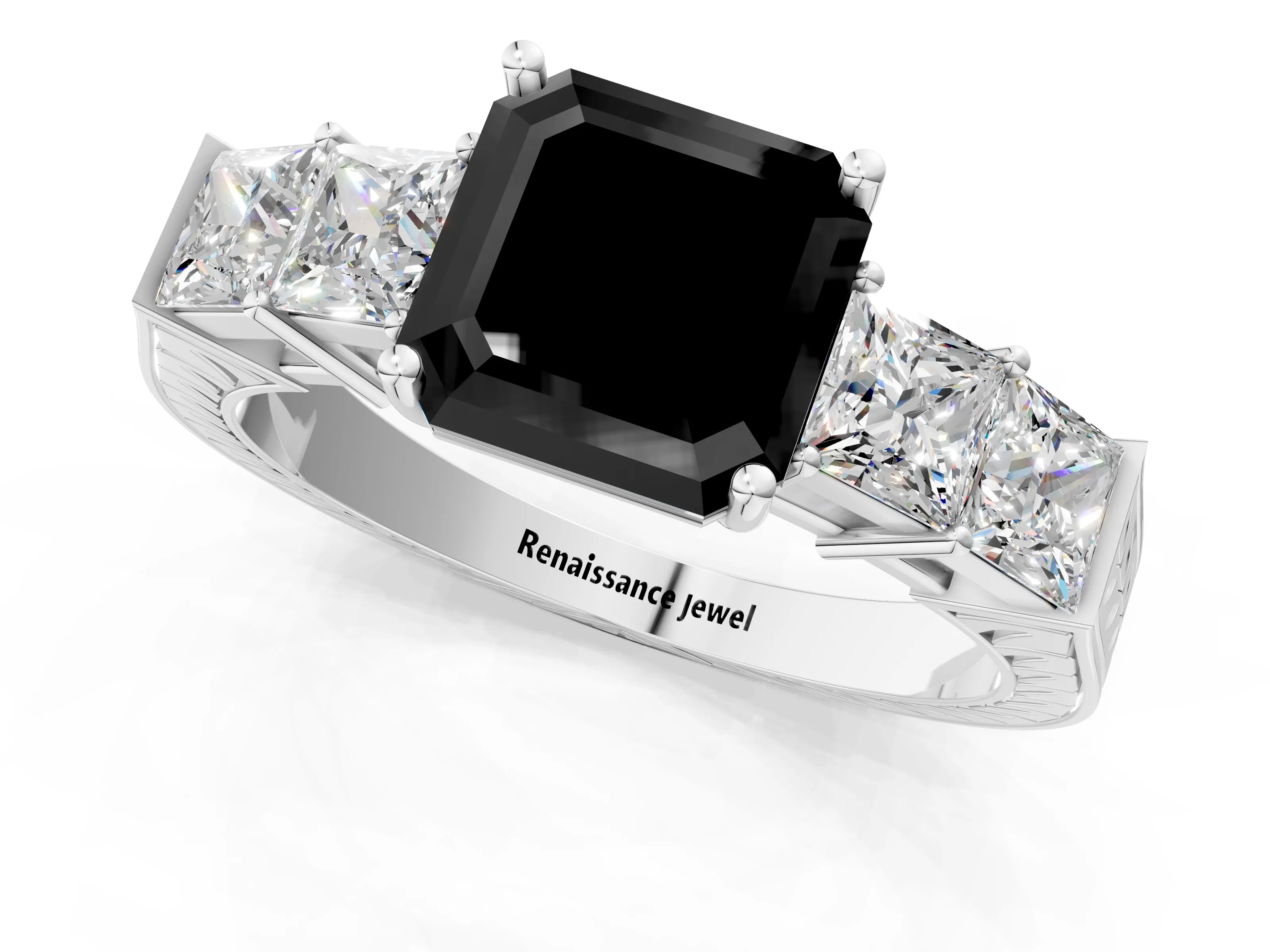 White gold Fancy Black Asscher Cut Solitaire Princess Side Stone Engraved Band Prong Setting Ring_37