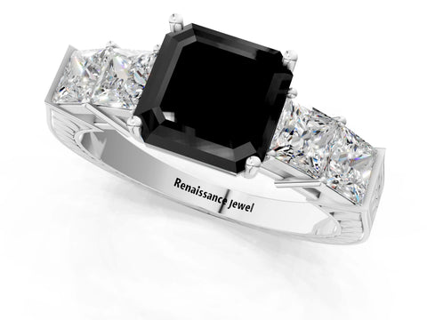White gold Fancy Black Asscher Cut Solitaire Princess Side Stone Engraved Band Prong Setting Ring_37