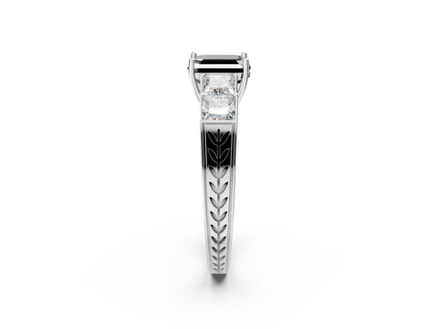 White gold Fancy Black Asscher Cut Solitaire Princess Side Stone Engraved Band Prong Setting Ring_38