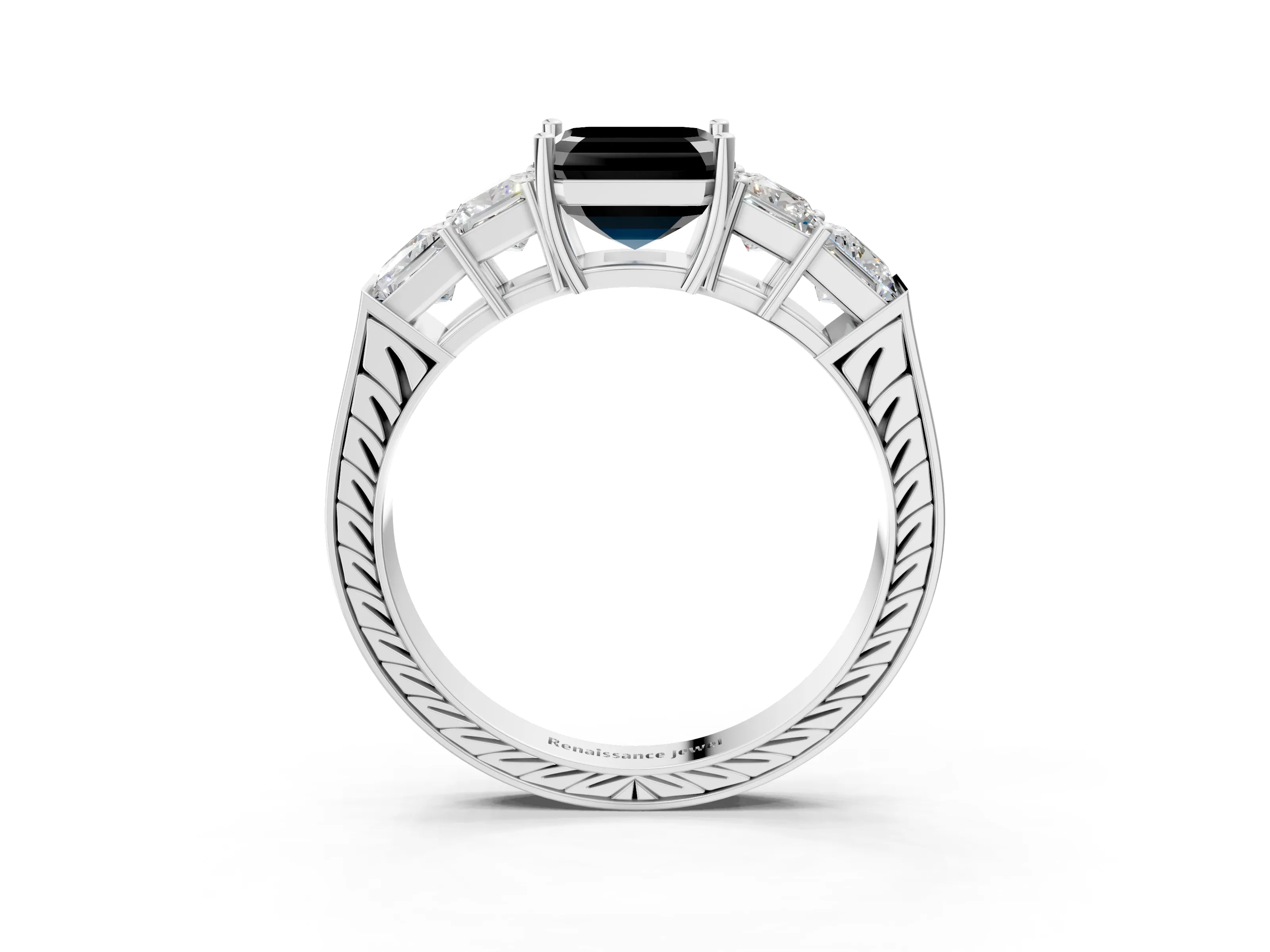 White gold Fancy Black Asscher Cut Solitaire Princess Side Stone Engraved Band Prong Setting Ring_39