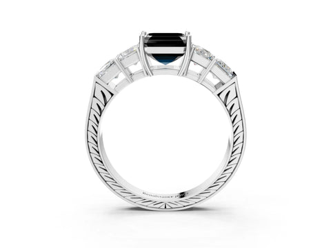 White gold Fancy Black Asscher Cut Solitaire Princess Side Stone Engraved Band Prong Setting Ring_39
