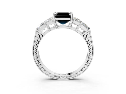 White gold Fancy Black Asscher Cut Solitaire Princess Side Stone Engraved Band Prong Setting Ring_3