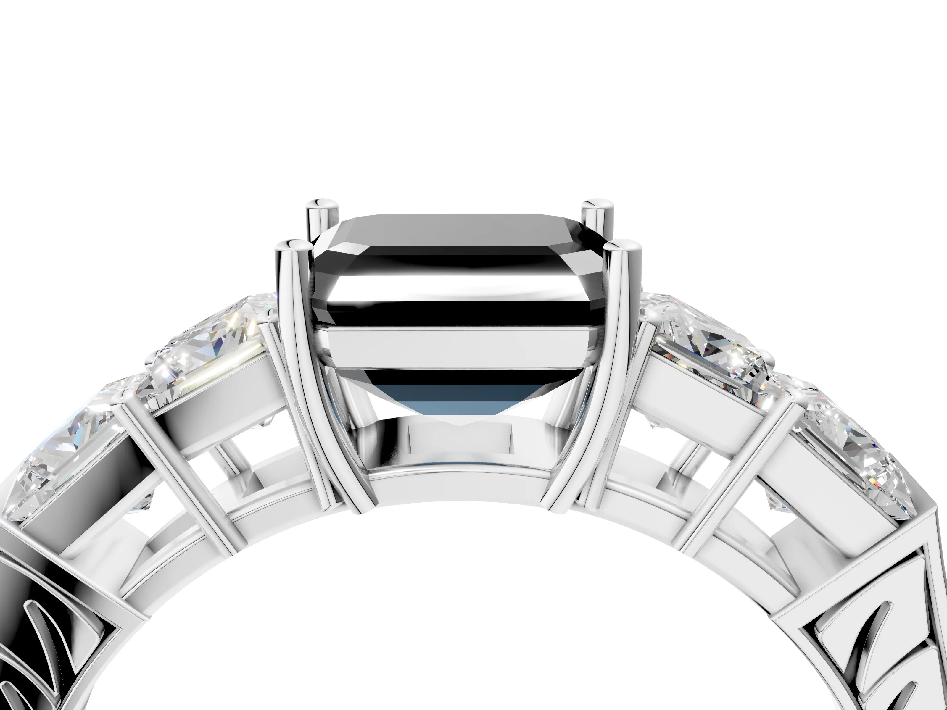 White gold Fancy Black Asscher Cut Solitaire Princess Side Stone Engraved Band Prong Setting Ring_40