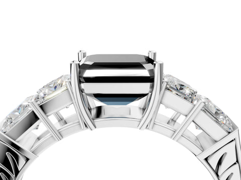 White gold Fancy Black Asscher Cut Solitaire Princess Side Stone Engraved Band Prong Setting Ring_40