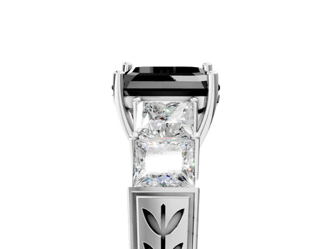 White gold Fancy Black Asscher Cut Solitaire Princess Side Stone Engraved Band Prong Setting Ring_41