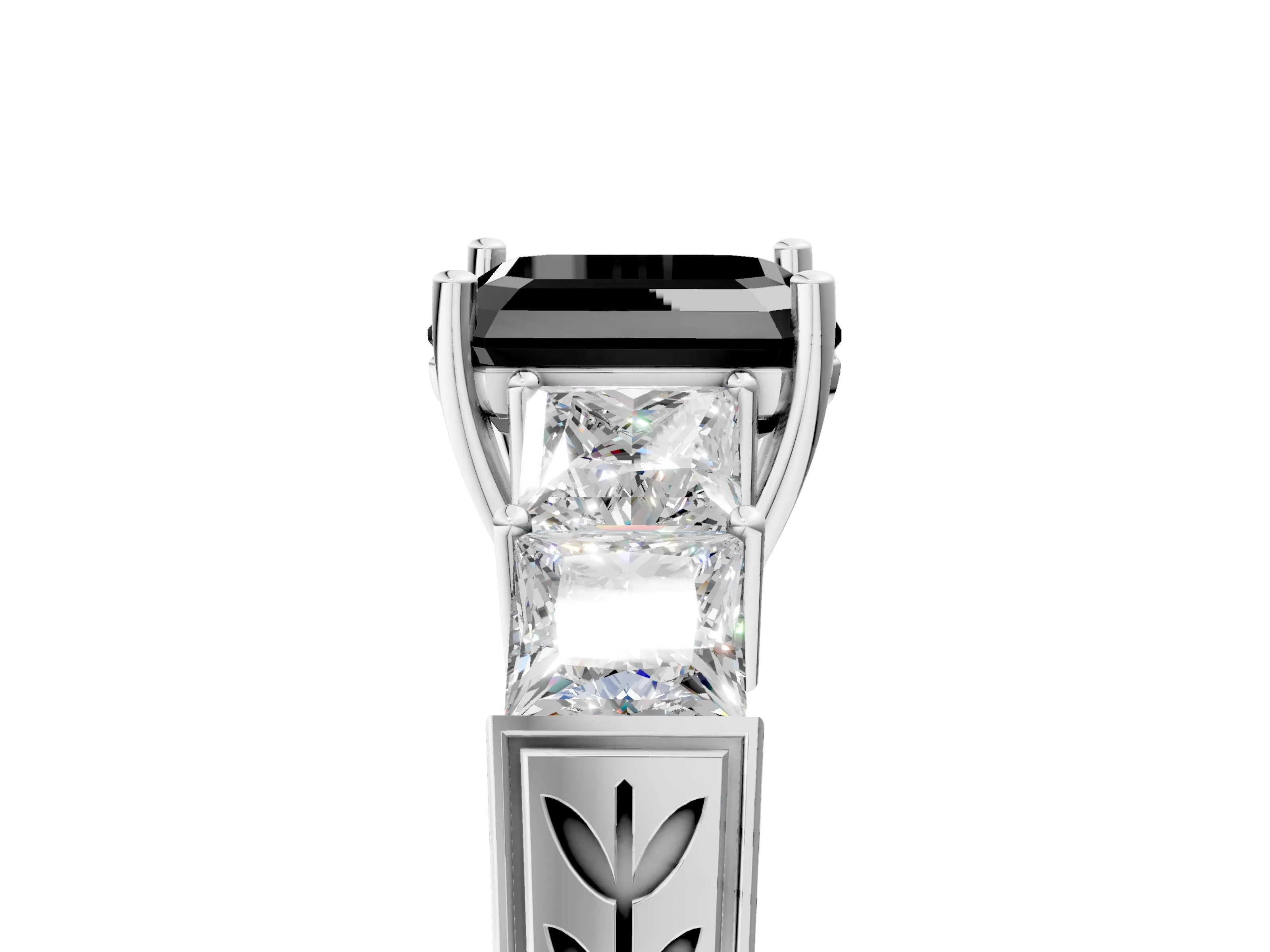 White gold Fancy Black Asscher Cut Solitaire Princess Side Stone Engraved Band Prong Setting Ring_41