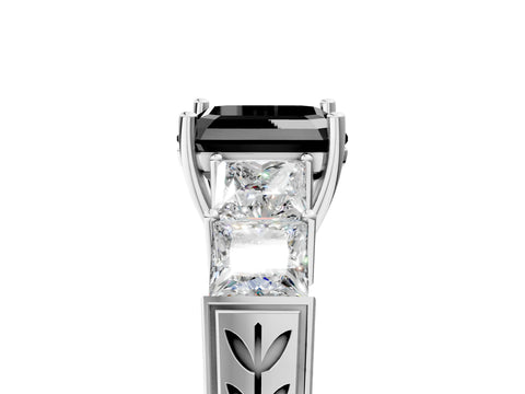 White gold Fancy Black Asscher Cut Solitaire Princess Side Stone Engraved Band Prong Setting Ring_5