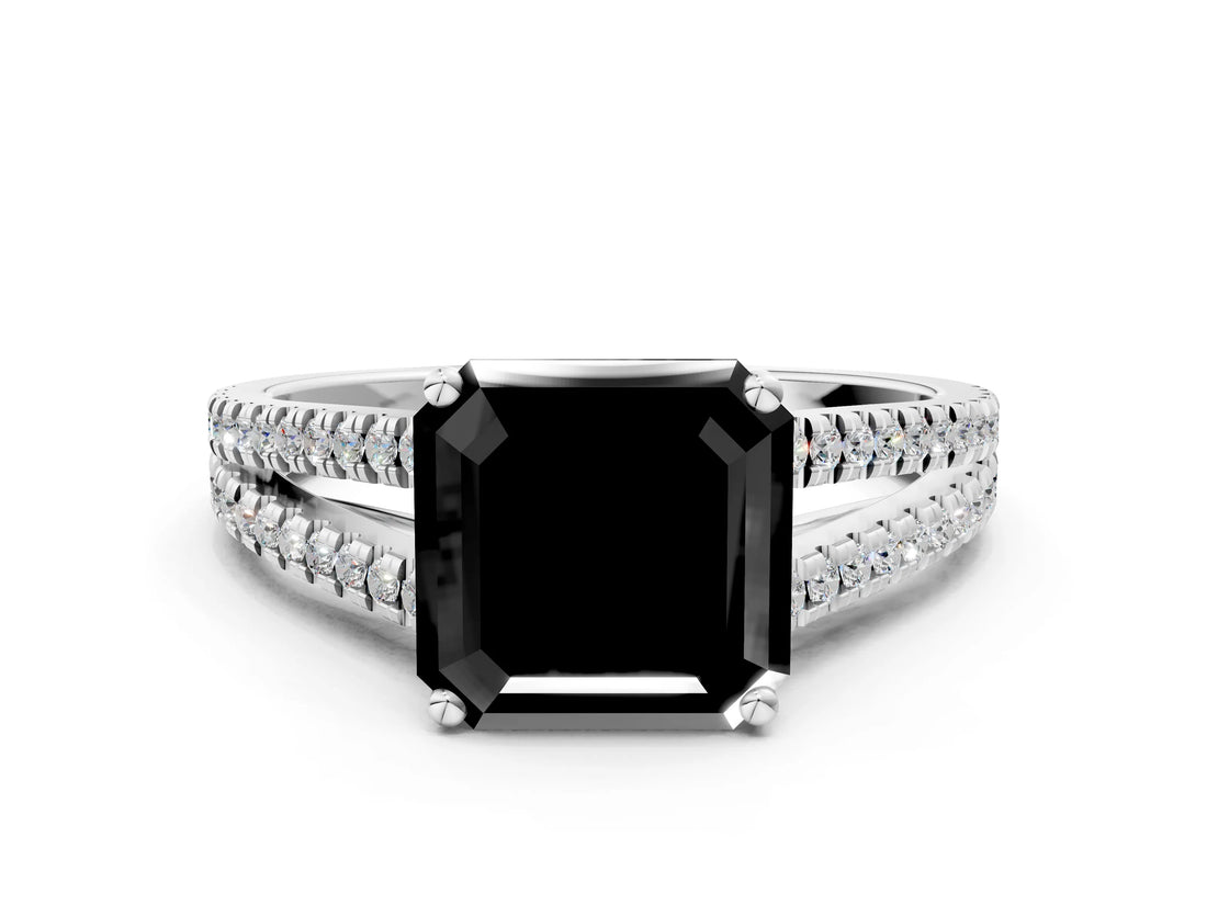 White gold Fancy Black Asscher Cut Solitaire Split Shank Pavé Diamond Engagement Ring