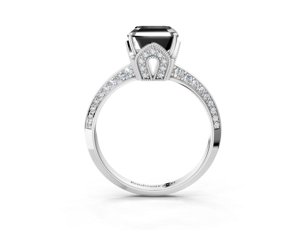 White Gold Asscher Cut Graduated Pave Engagement Ring Setting for Black Center