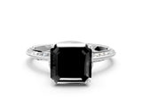 White gold Fancy Black Asscher Cut Solitaire Split Shank Pave Diamond Engagement Ring with Four-Prong Setting