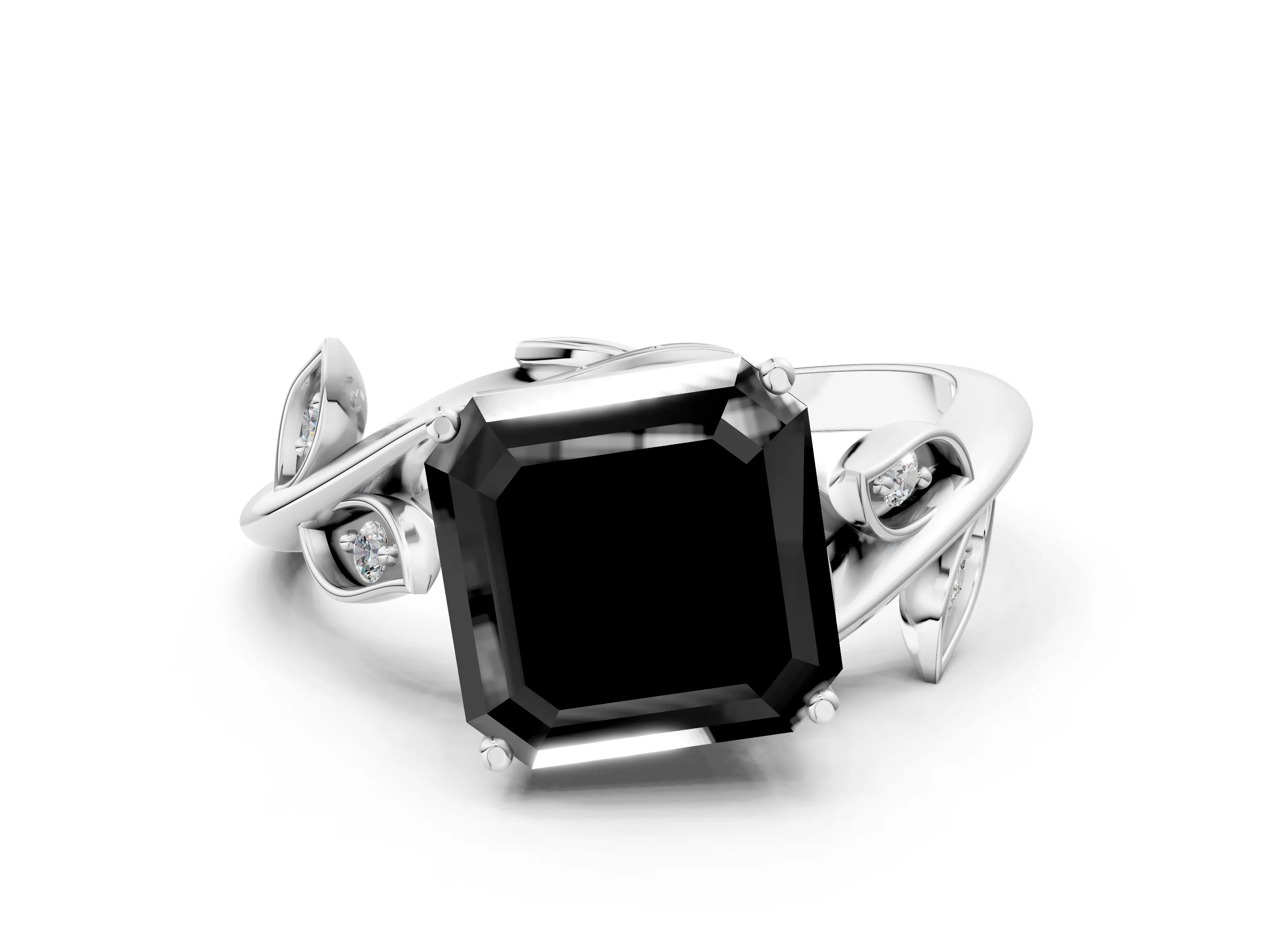 White gold Fancy Black Asscher Cut Solitaire Twist Engagement Ring with Leaf Accents and Prong Setting_12