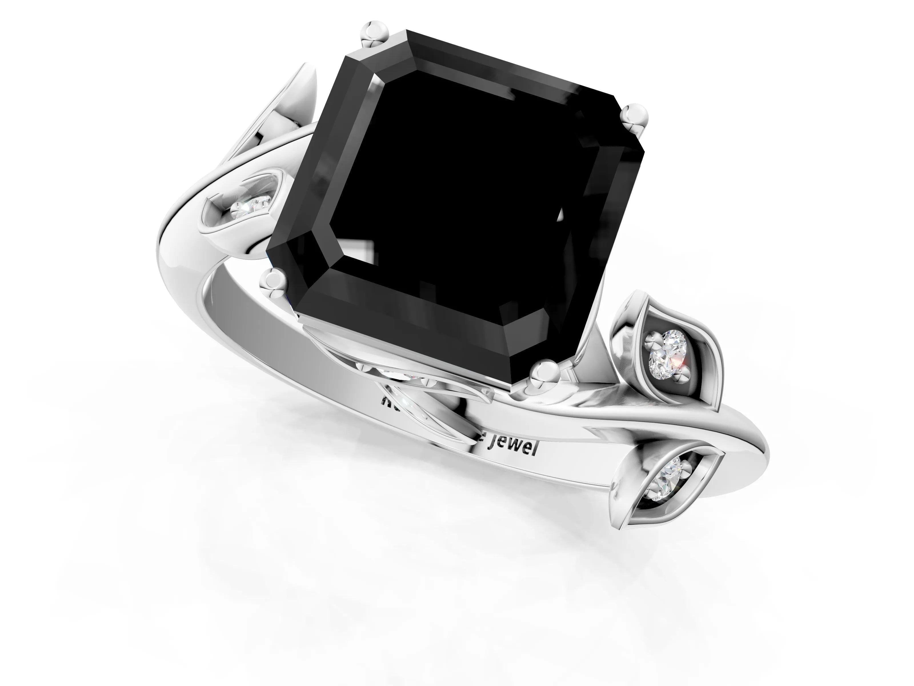 White gold Fancy Black Asscher Cut Solitaire Twist Engagement Ring with Leaf Accents and Prong Setting_13