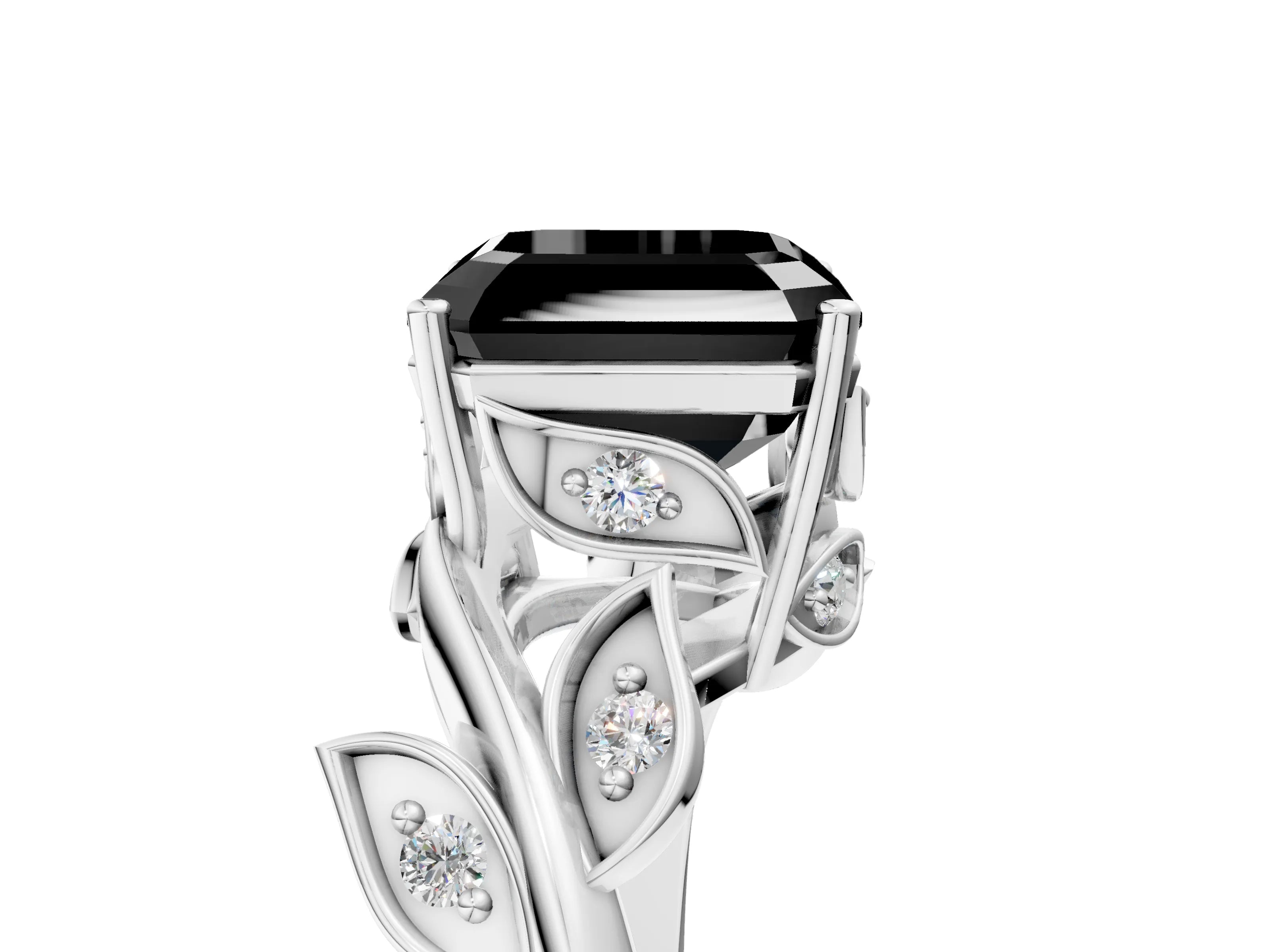 White gold Fancy Black Asscher Cut Solitaire Twist Engagement Ring with Leaf Accents and Prong Setting_17
