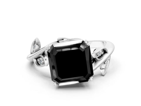 White gold Fancy Black Asscher Cut Solitaire Twist Engagement Ring with Leaf Accents and Prong Setting_1