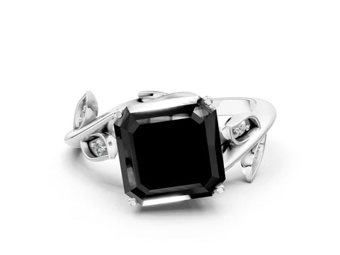 White gold Fancy Black Asscher Cut Solitaire Twist Engagement Ring with Leaf Accents and Prong Setting