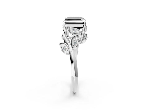 White gold Fancy Black Asscher Cut Solitaire Twist Engagement Ring with Leaf Accents and Prong Setting_3