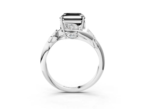 White gold Fancy Black Asscher Cut Solitaire Twist Engagement Ring with Leaf Accents and Prong Setting_4