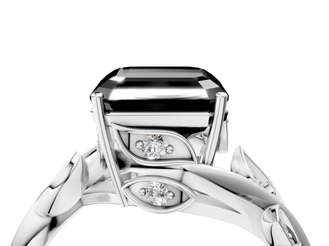 White gold Fancy Black Asscher Cut Solitaire Twist Engagement Ring with Leaf Accents and Prong Setting_5
