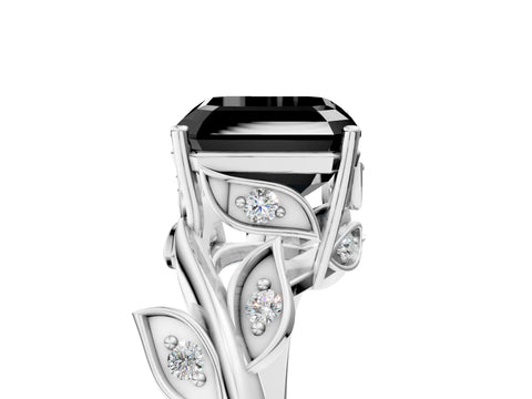 White gold Fancy Black Asscher Cut Solitaire Twist Engagement Ring with Leaf Accents and Prong Setting_5