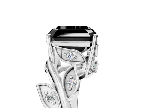 White gold Fancy Black Asscher Cut Solitaire Twist Engagement Ring with Leaf Accents and Prong Setting_6