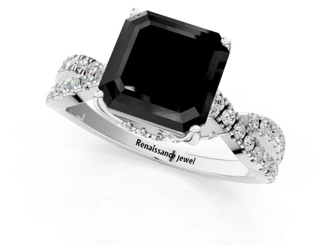 White gold Fancy Black Asscher Cut Solitaire Twist Pave Diamond Engagement Ring with Prong Setting_10