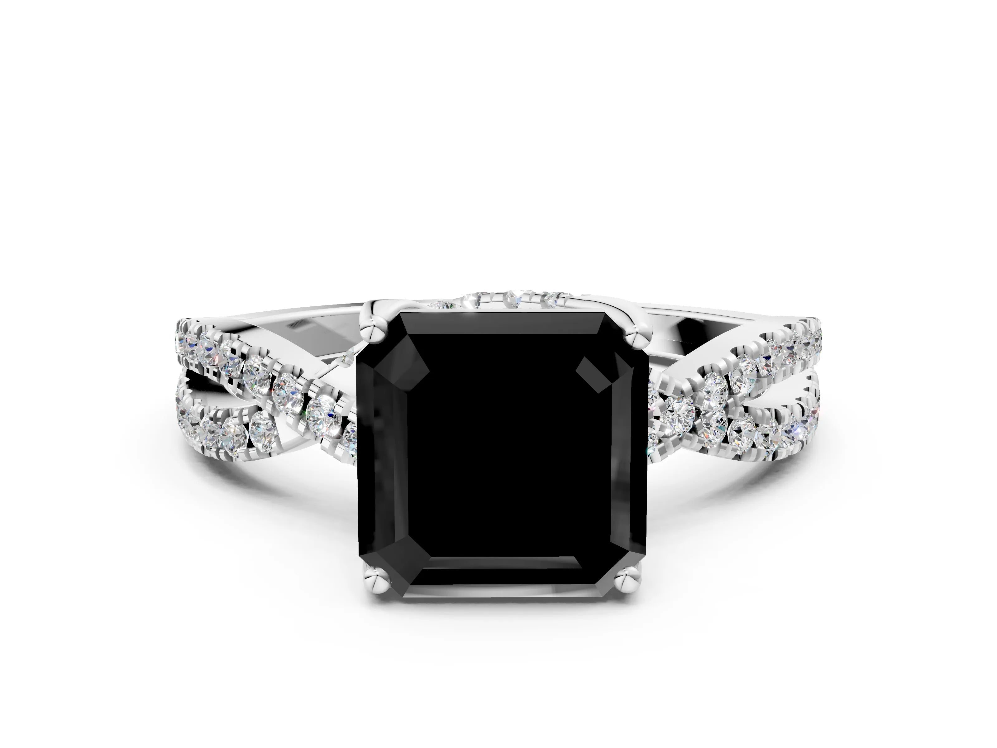White gold Fancy Black Asscher Cut Solitaire Twist Pave Diamond Engagement Ring with Prong Setting_21