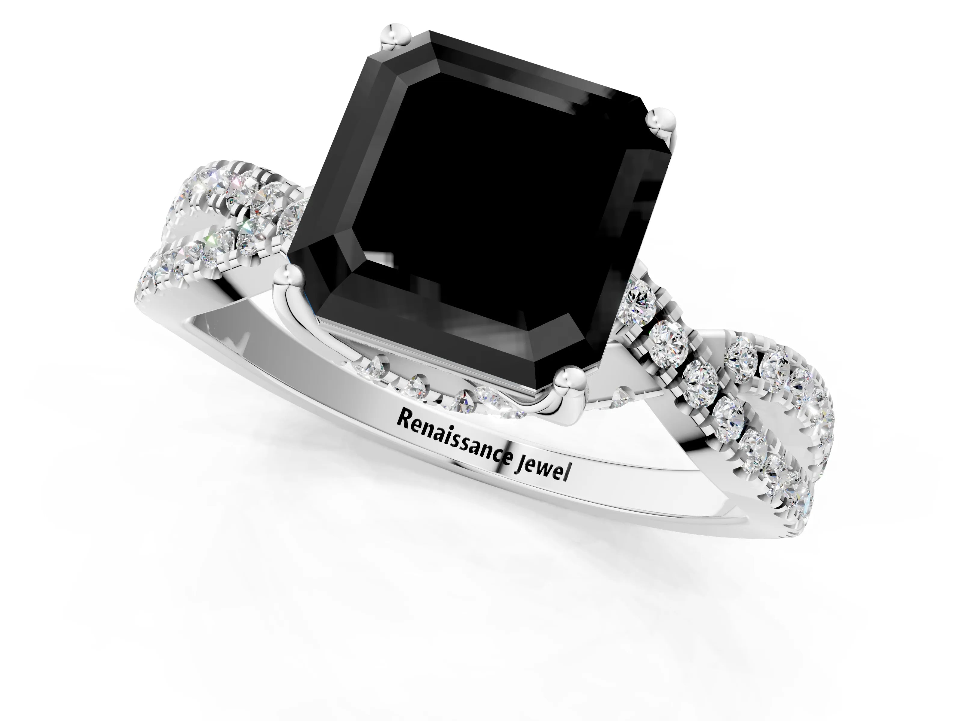 White gold Fancy Black Asscher Cut Solitaire Twist Pave Diamond Engagement Ring with Prong Setting_22