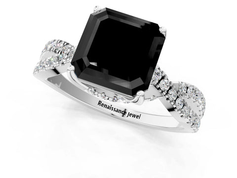 White gold Fancy Black Asscher Cut Solitaire Twist Pave Diamond Engagement Ring with Prong Setting_22