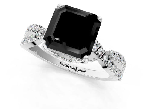 White gold Fancy Black Asscher Cut Solitaire Twist Pave Diamond Engagement Ring with Prong Setting_37