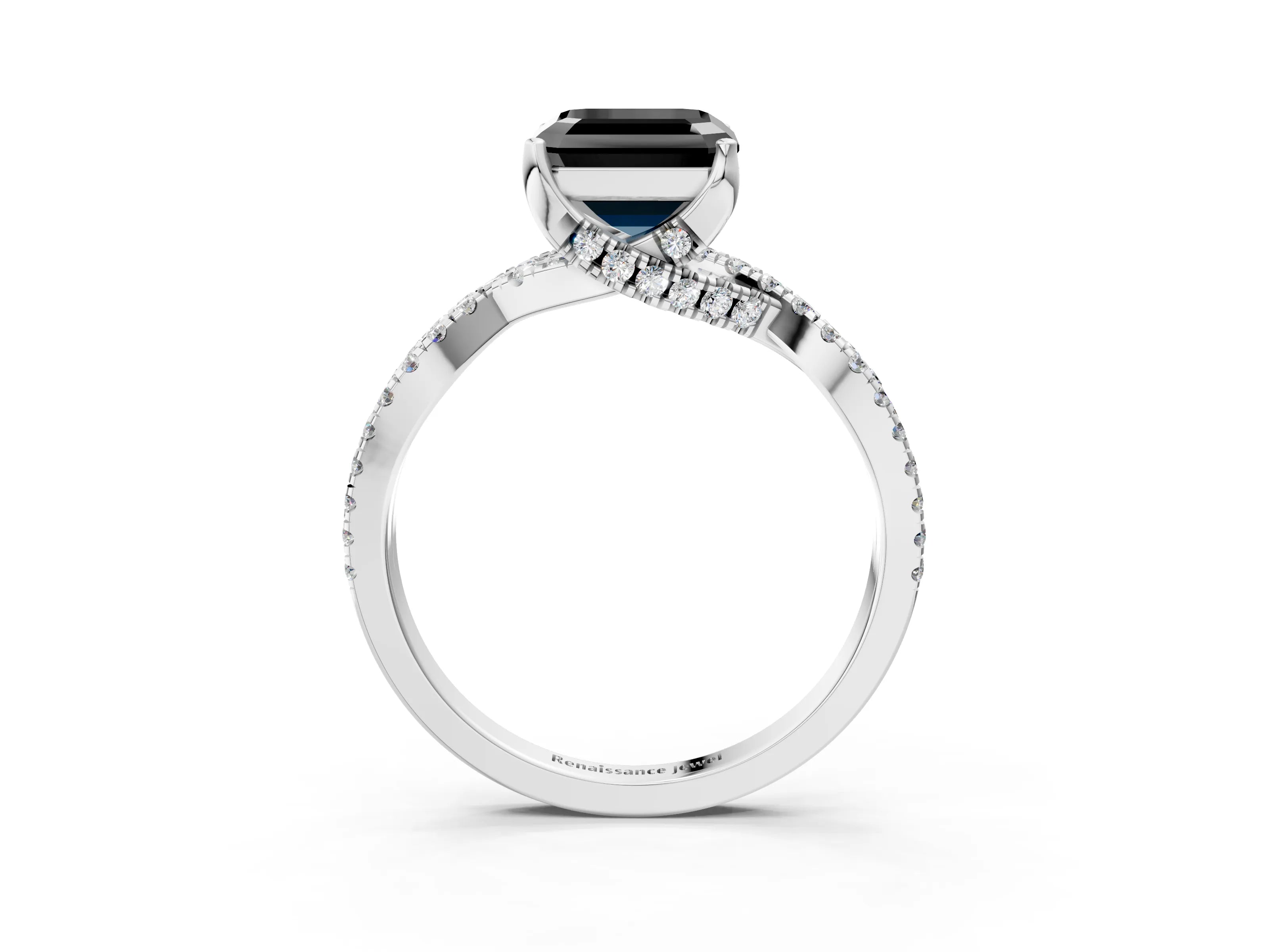 White gold Fancy Black Asscher Cut Solitaire Twist Pave Diamond Engagement Ring with Prong Setting_3