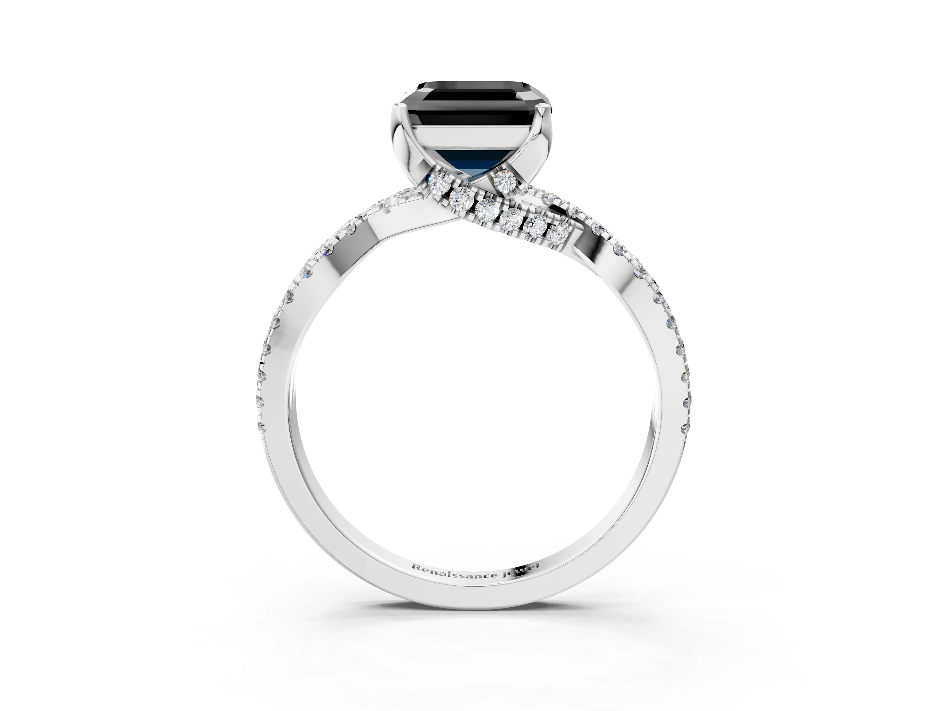 White gold Fancy Black Asscher Cut Solitaire Twist Pave Diamond Engagement Ring with Prong Setting_3